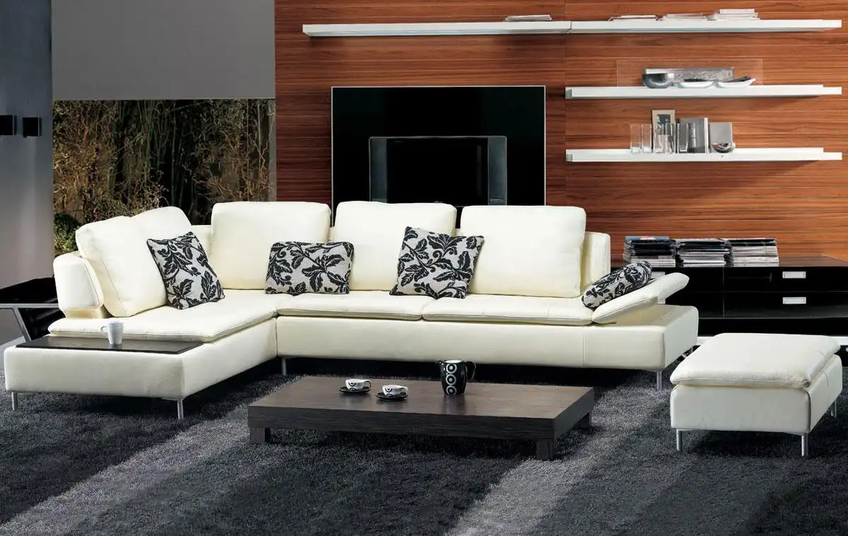 Beige Leather Sectional Sofa and Ottoman Set